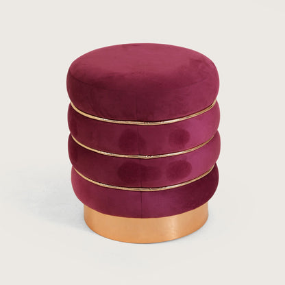 Stylish Velvet Round & Copper Bands Ottomans Footstools | Pouffe | Burgundy