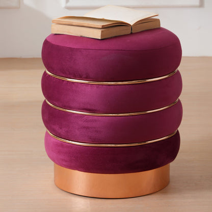 Stylish Velvet Round & Copper Bands Ottomans Footstools | Pouffe | Burgundy